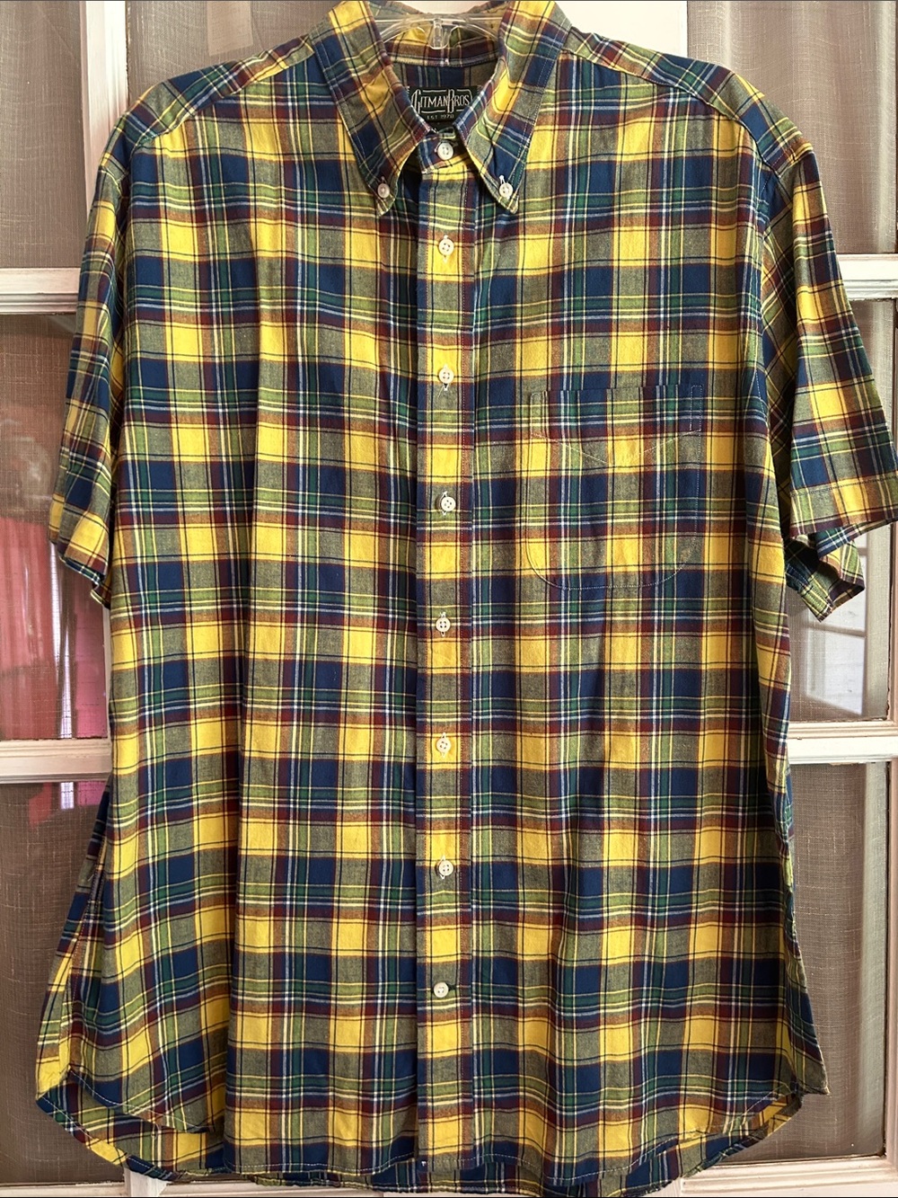 Gitman Bros Vintage Short Sleeve Shirt Yellow Blue Tartan Plaid USA SZ 17.5